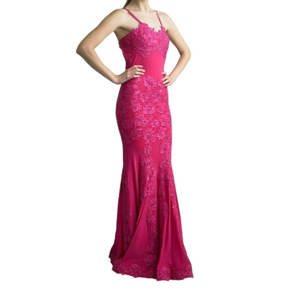 Oria Lace Cross Back Evening Gown Hot Pink Size XS NWT